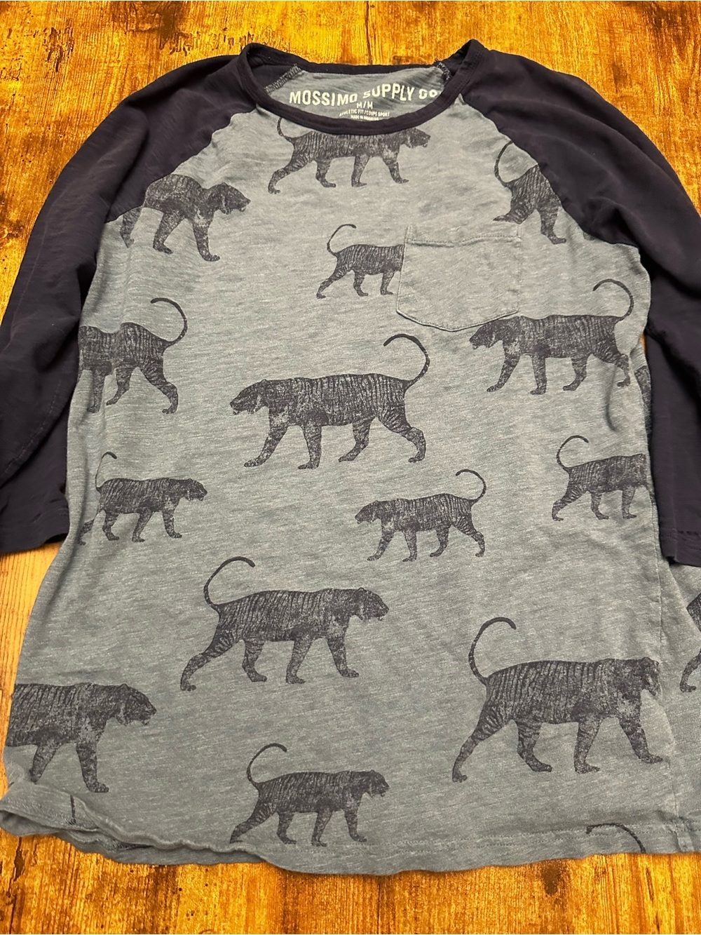 Mossimo Supply Co. Grey Tee with Navy Raglan Sleeves and Panther Print #138